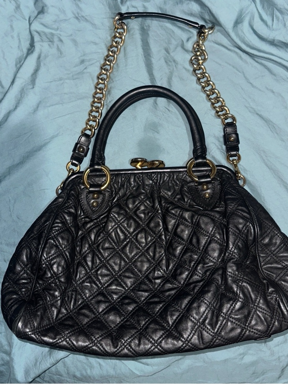 Marc Jacobs Quilted Black Leather Shoulder Satchel with Gold Hardware